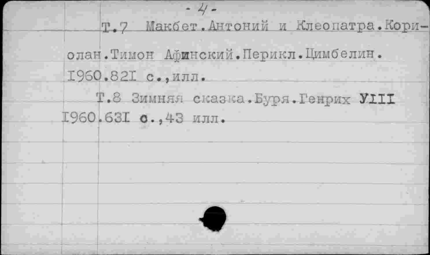 ﻿- 4-
____Т,7 Макбет.Антоний и. Клеопатра.Кори олан.Тимон Афинский.Перикл.Цимбелин. 1960.821 с.,илл.
Т.8 Зимняя сказка.Буря.Генрих УШ 1960.631 о.,43 илл.